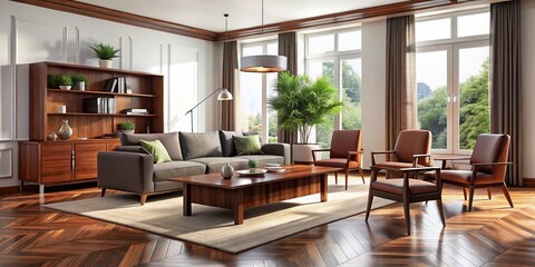 Fototapeta premium Luxurious rosewood furnishings transform modern spaces, illuminated by natural light, exemplifying minimalist design
