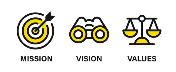 Mission, vision and values of business company. Target goal, global view and scales icons. Success template. Mission purpose flag, leader global vision and core value. Infographic concept. Vector