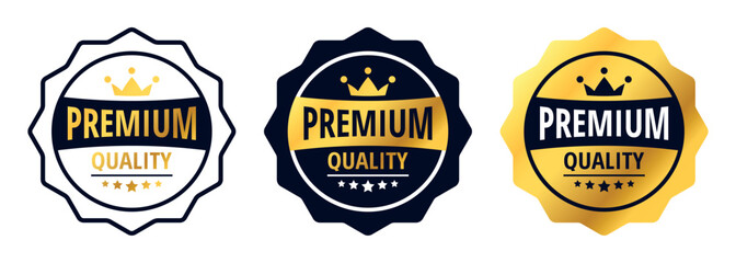 Premium quality gold vector badge. Golden label with stars and crown isolated on white background