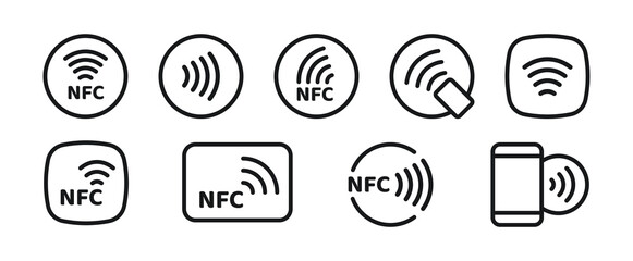 NFC payment icon set. Contactless wireless pay sign. NFC technology icon. Credit card nfc payment. Editable stroke. Vector line icon