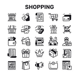 Shopping Related Hand Drawn Vector Doodle Icon Set