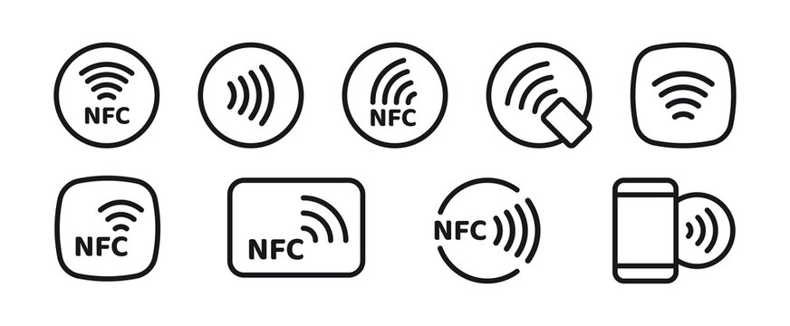 NFC payment icon set. Contactless wireless pay sign. NFC technology icon. Credit card nfc payment. Editable stroke. Vector line icon