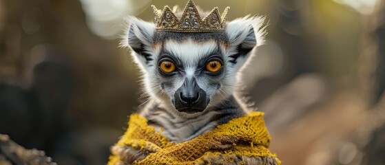 Naklejka premium Majestic White Lemur in Royal Costume with Crown