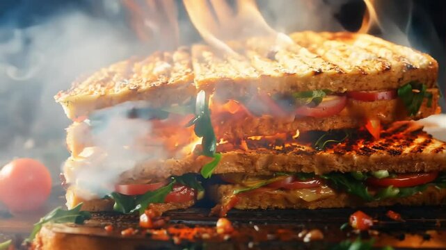 Grilled Panini Sandwich Cooking With Melting Cheese and Fresh Veggies