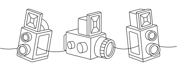Old film camera, retro photo camera one line continuous drawing. Professional photo equipment. Vector linear illustration.