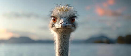 Emu in Royal Attire with Crown Against Scenic Background