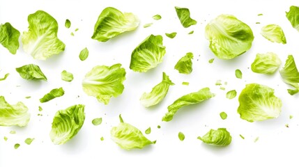 Fresh Lettuce Leaves Floating on White Background Generative AI