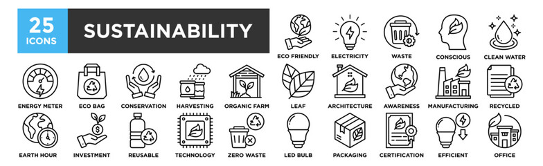 Sustainability icon collection set. Containing design ecology, sustainable, eco, nature, green