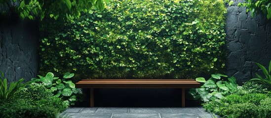 A wooden bench sits in a garden surrounded by lush greenery and stone walls.