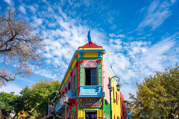 Vibrantly painted houses in Caminito, La Boca neighborhood of Buenos Aires, showcasing the area's...