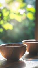 wooden bowls on sunlit table, natural ambiance. rustic home decor concept