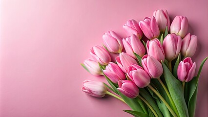 Obraz premium Pink tulip bouquet on pink background with copy space