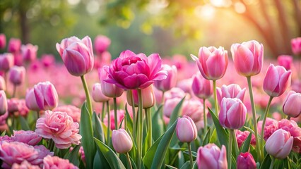 Fototapeta premium Pink tulips and roses in a garden with shallow depth of field