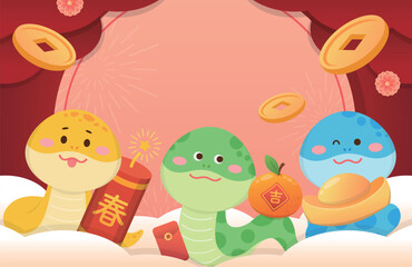 Chinese New Year with many gold coins with cute snake character, rich, for poster or congratulatory card