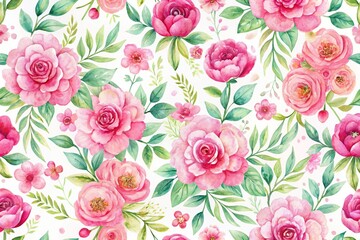Pink watercolor floral background seamless pattern