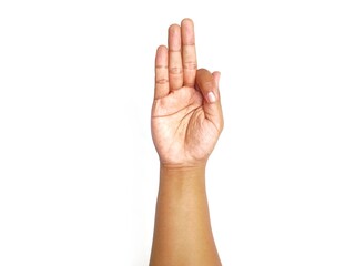 Deaf alphabet letter F by hand. Letter 'YF in sign language, isolated on a white background. Hand gestures. languages that use visual manual modality. Deaf Sign.