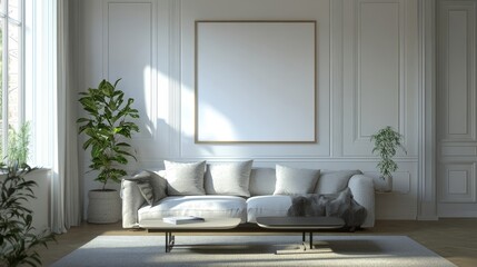 A beautifully rendered living room features a blank poster, perfect for displaying art or personal messages