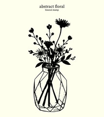 Black and White Abstract Floral 30. Vector linocut silhouettes of variety flowers and leaves in a geometric patterned vase. Bouquet of flowers clustered together at the top of a vase.