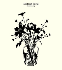 Black and White Abstract Floral 34. Vector linocut silhouettes of variety flowers and leaves in a geometric patterned vase. Bouquet of flowers clustered together at the top of a vase.