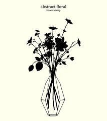 Black and White Abstract Floral 33. Vector linocut silhouettes of variety flowers and leaves in a geometric patterned vase. Bouquet of flowers clustered together at the top of a vase.