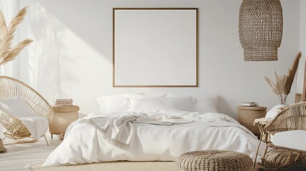 A blank frame positioned above a coastal boho-style bed, accented by a jute rug, white linens, and woven light fixtures