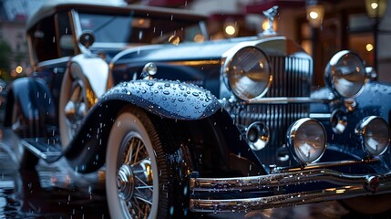 A vintage car parked on a street, raindrops cascading off its shiny surface.