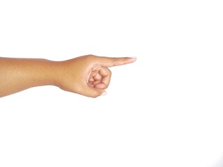 Man hand isolated on white background. Closeup of male hand pointing.