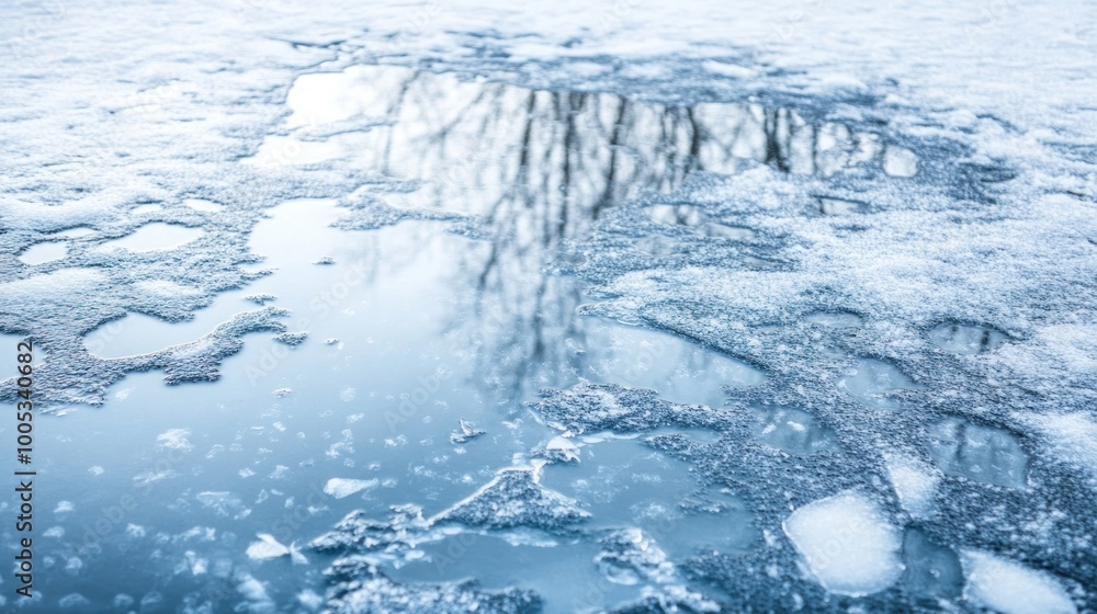 Poster a frozen surface with patches of ice and water reflecting tree branches.
