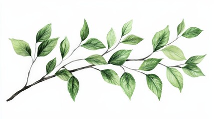Obraz premium A branch with lush green leaves isolated on a white surface, perfect for botanical illustrations and natural design elements