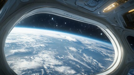A breathtaking view from the observation deck of this space station reveals the stunning curves of Earth, designed for future missions in space exploration