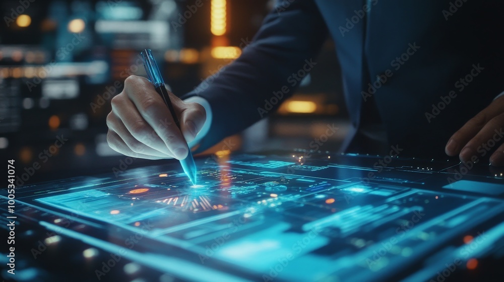 Poster a businessman interacts with a holographic document management system, using a pen to sort through v