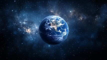 A detailed view of planet Earth from space, showing the continents and oceans, set against a backdrop of twinkling stars and nebulae.