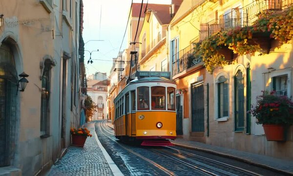 A classic yellow tram gliding down a narrow street lined with pastel-colored buildings in Lisbon