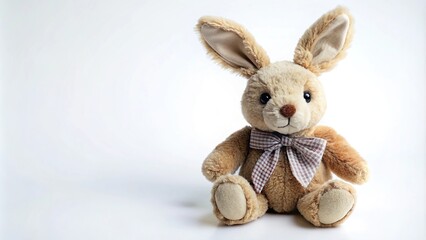 Obraz premium Plush hare toy with bow around neck tilted angle