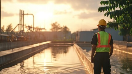 Engineer wearing hard hat and vest inspects water treatment facility
