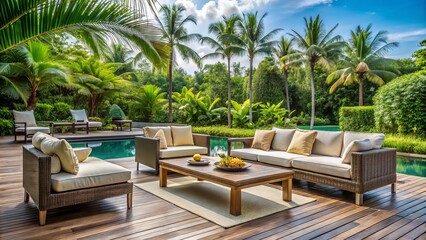 Fototapeta premium Sophisticated outdoor furnishings complement a tranquil Thai garden, providing breathtaking scenic views and a serene