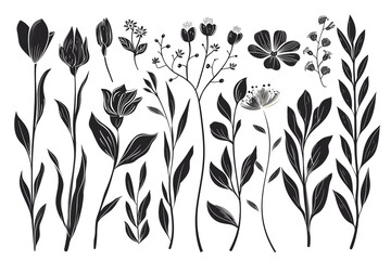  Exquisite hand-drawn botanical floral elements in line art and silhouette style