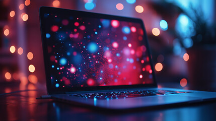 Obraz premium Laptop Shopping, showing a laptop screen with discounts flashing, with copy space, Cyber Monday