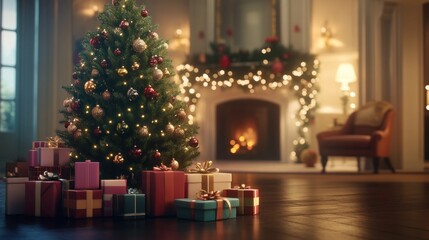Festive Christmas tree with ornaments, lights, and colorful gifts
