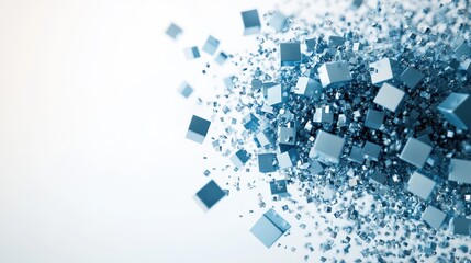 Abstract 3D Blue Cubes Exploding in White Space