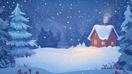 Fototapeta premium Winter scene with cabin, twinkling lights, serene festive mood