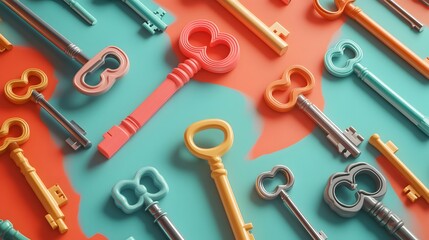 Obraz premium Scattered keys. Concept of privacy, problem solving, solutions and correct answer. 3d rendering. 