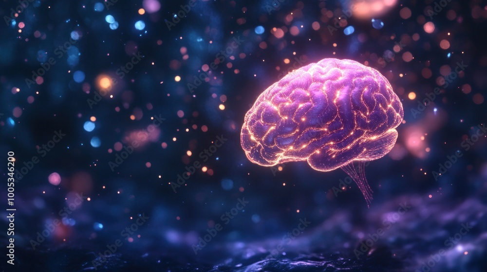 Poster abstract ai visuals with floating digital brains, neural networks, deep blues and purples, soft glow