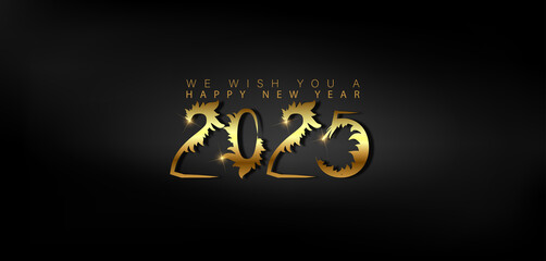 Vibrant gold Happy New Year 2025 displayed on a black background embodying the excitement of the upcoming year