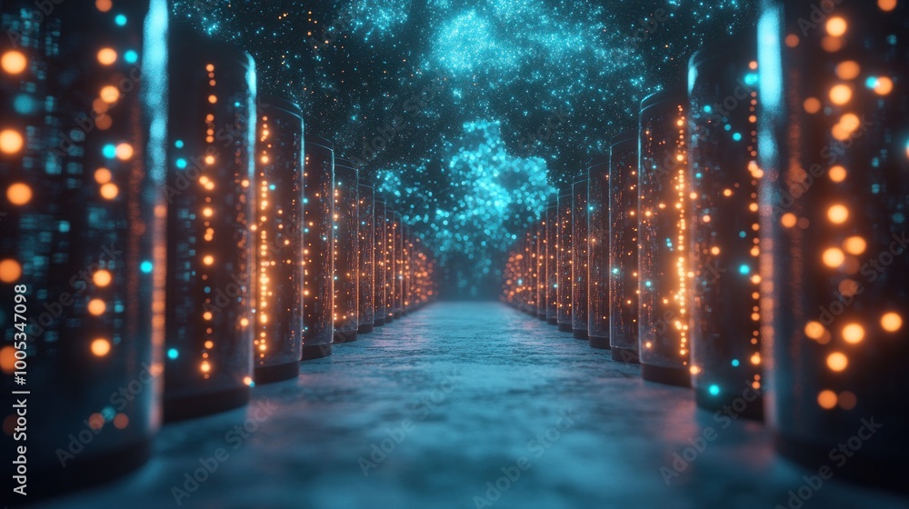 Aufkleber rows of servers in ai-powered data centers, glowing lights, continuous data flow, futuristic environ