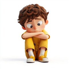 A sad cartoon boy in yellow, sitting with his arms crossed, expressing emotions of disappointment and contemplation.