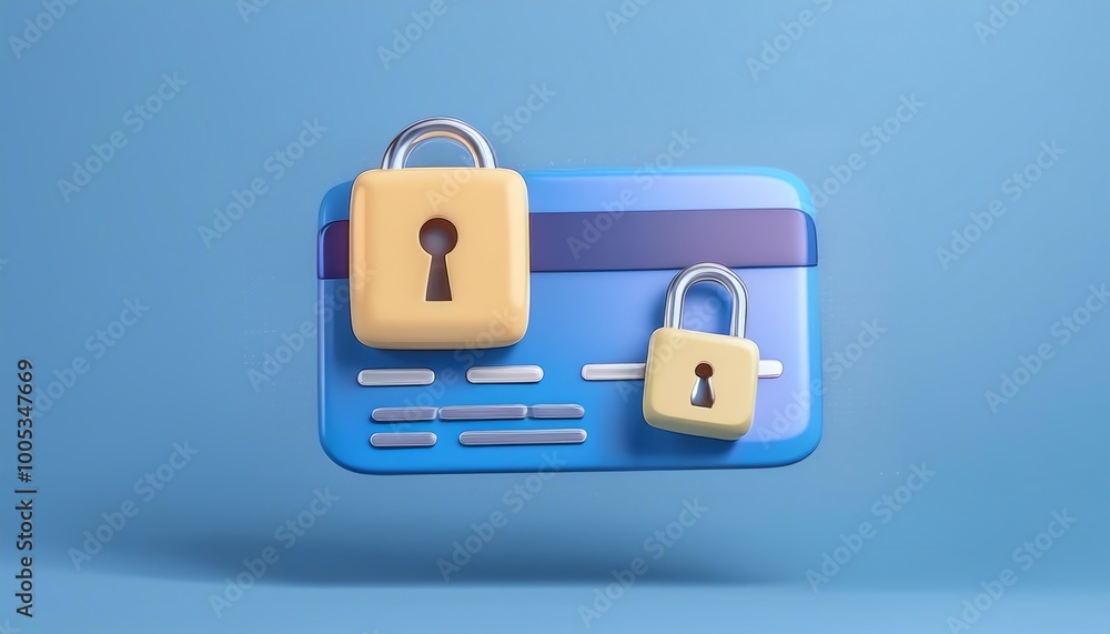 Poster a 3d representation of a credit card secured with two locks, symbolizing financial security and data