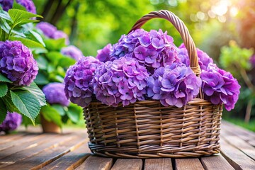 Purple hydrangea blossoms in a basket pot on a patio