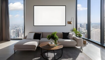 A blank poster mockup in a sleek, modern living room with large windows overlooking a cityscape, perfect for artwork displays and design mockups