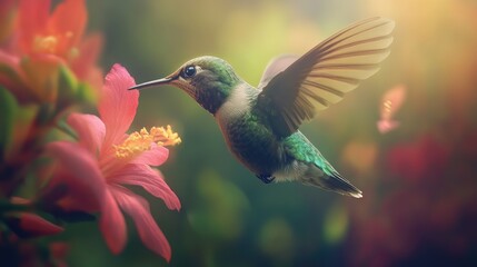 Fototapeta premium A close-up of a hummingbird hovering mid-air, its wings a blur as it sips nectar from a bright flower, demonstrating its agility.